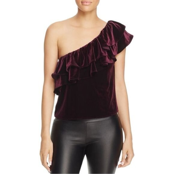 Misa Ruffle One-shoulder Velvet TopIn Plum Velvet Size S - Picture 1 of 14